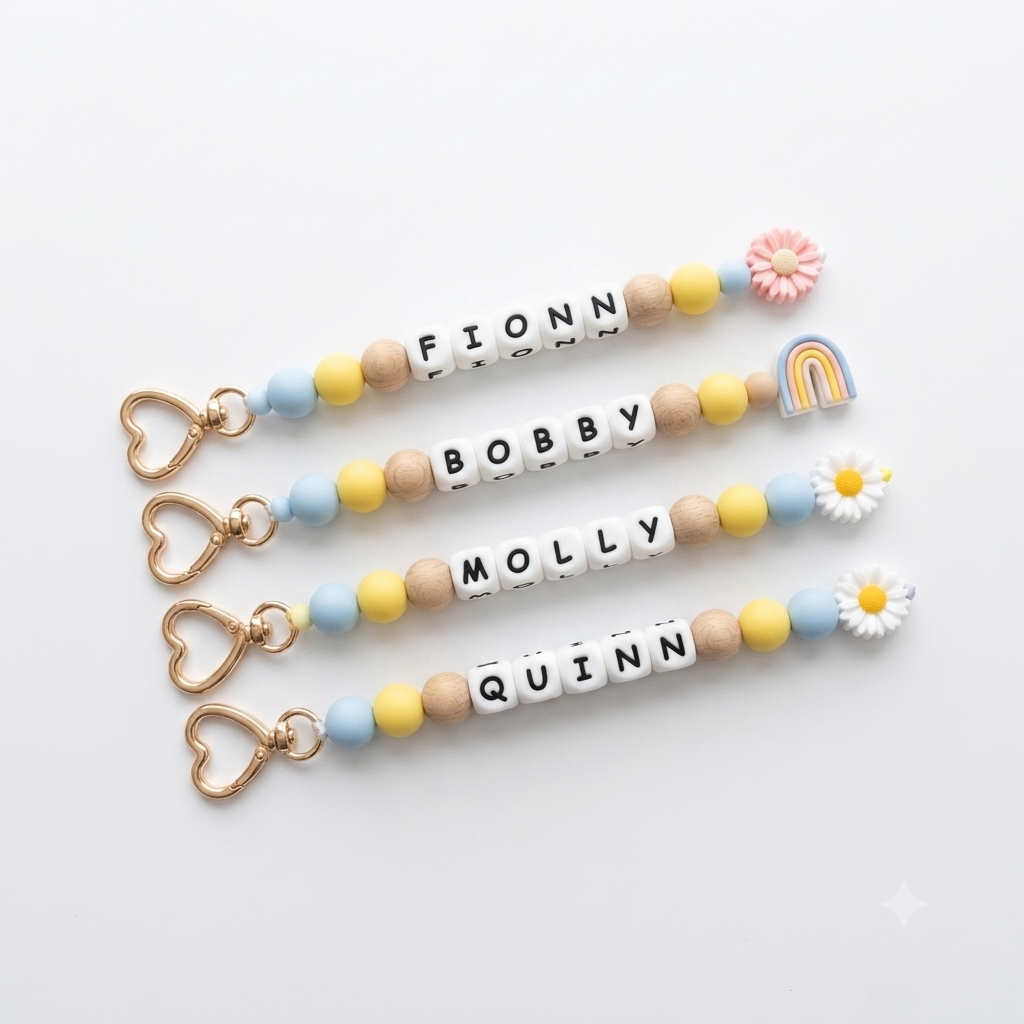 Four colorful keychains with name beads and decorative elements on a white background