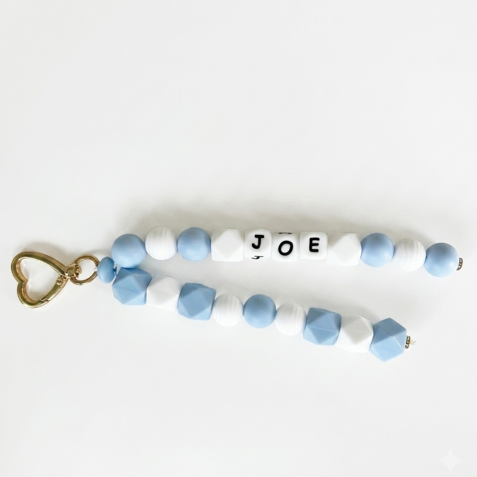 Beaded keychain with 'JOE' on a white background